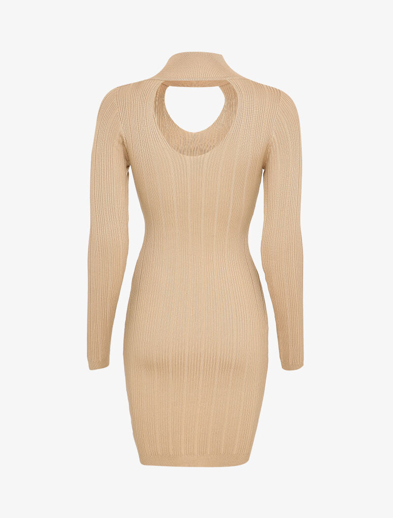 Robe pull côtelée à décolleté en V - Beige - 2