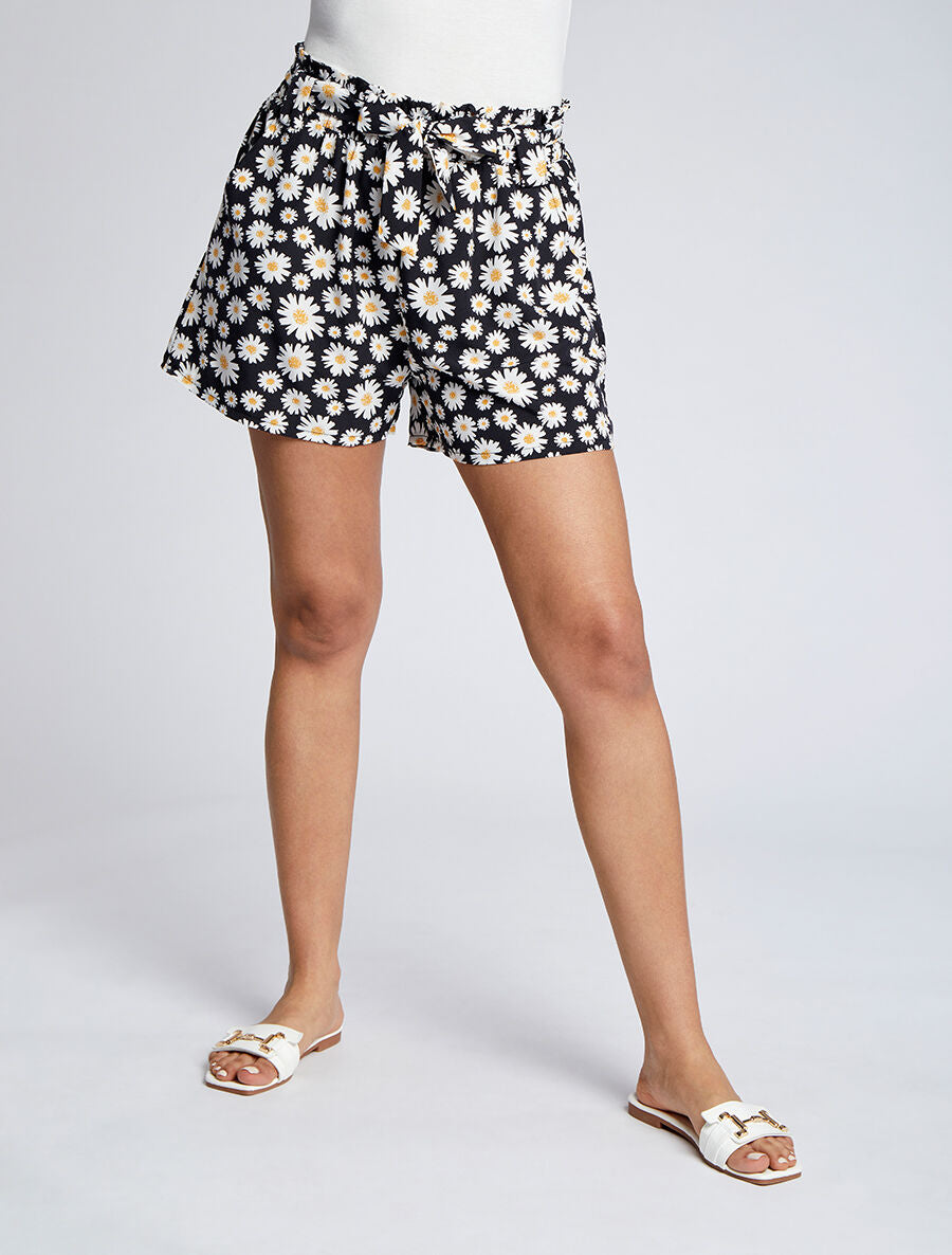 Short à taille froncée imprimé pâquerettes - Noir - 4