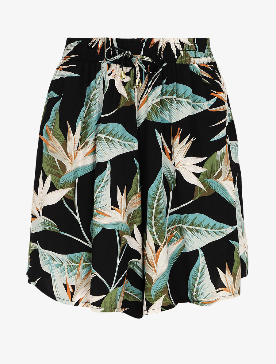Short fluide imprimé fleurs exotiques - Noir - 1
