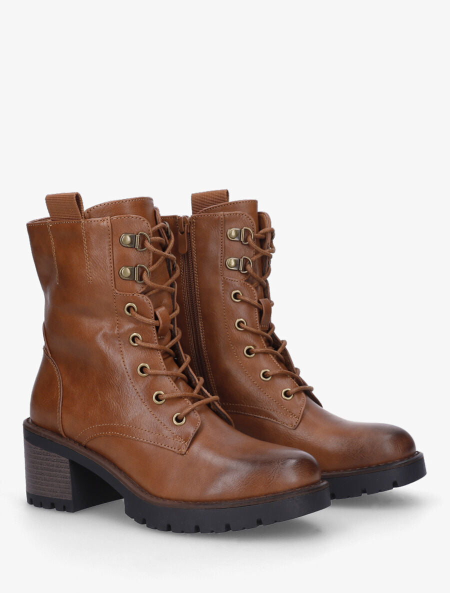 Bottines montantes à lacets en simili - Camel - 4