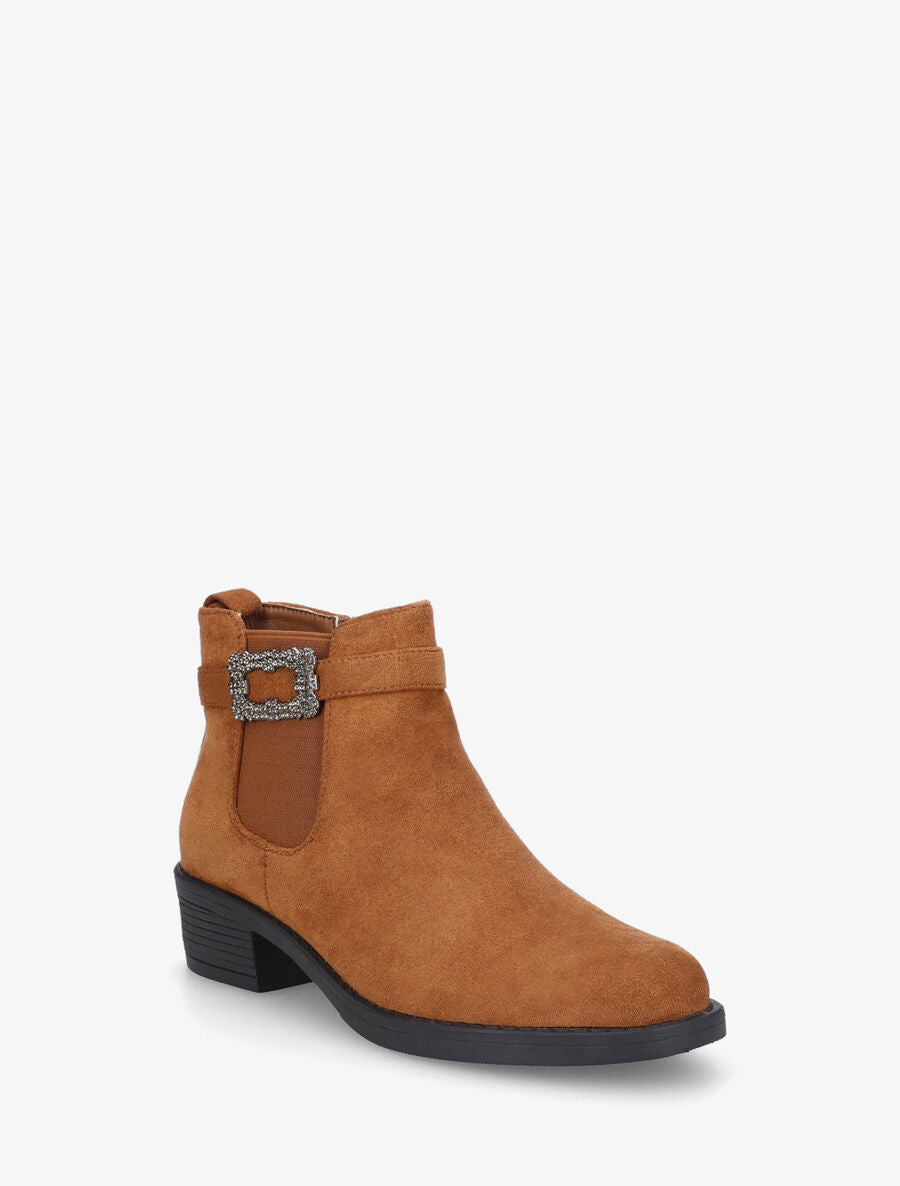 Bottines élastiquées à boucle strassé - Camel - 2