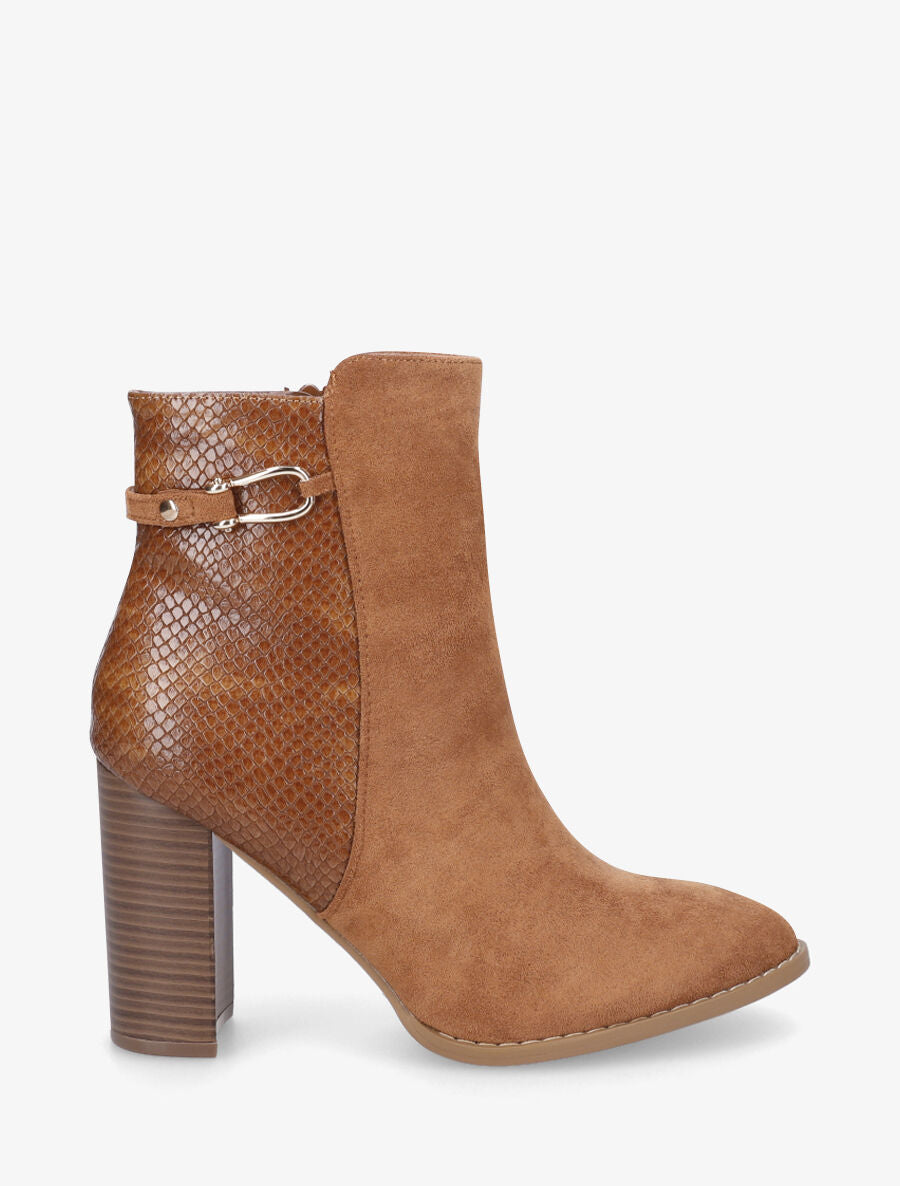 Bottines en suédine et contrefort en python - Camel - 1