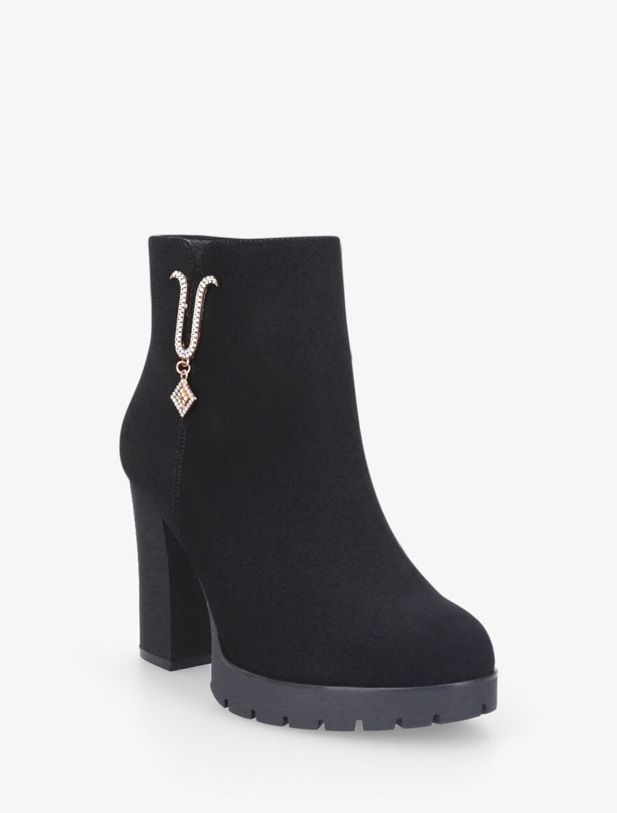 Bottines en suédine à bijou U strassés - Noir - 2