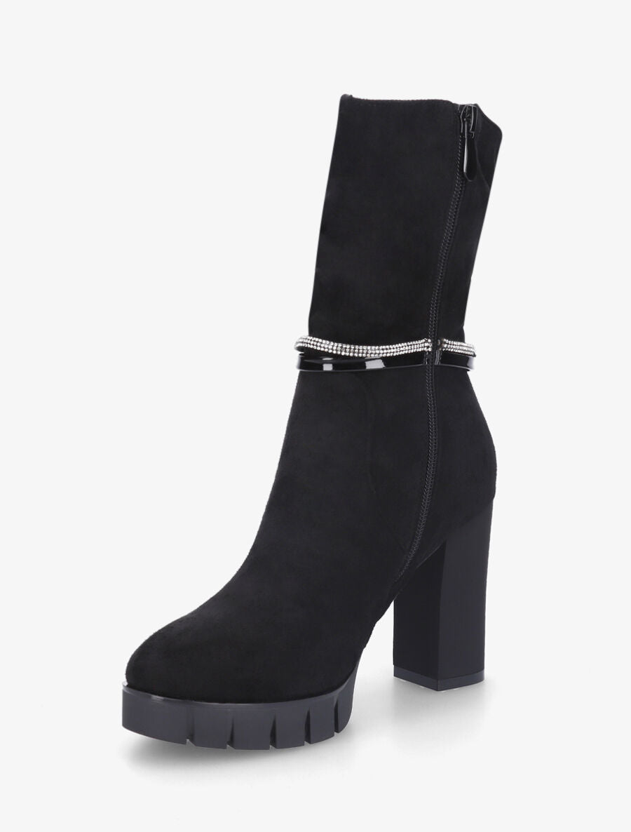 Bottines froncées à talon et strass - Noir - 3