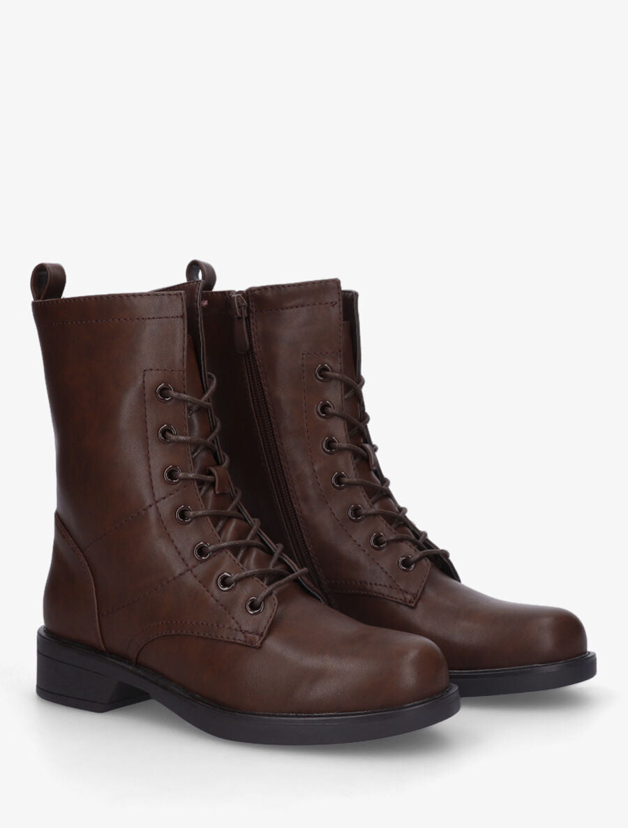 Bottines en simili à lacets - Marron - 4