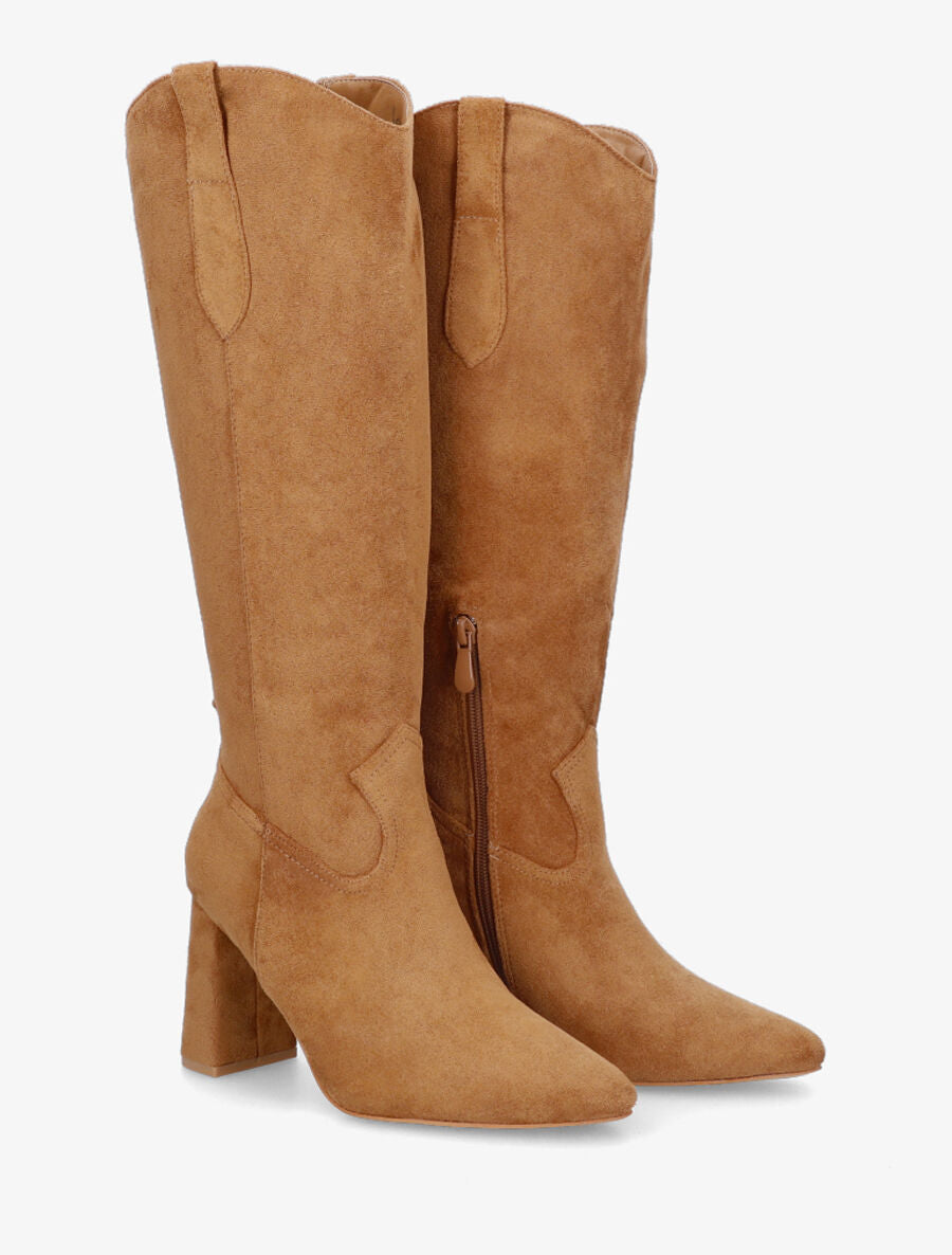 Bottes en suédine à talon et bout pointu - Camel - 4