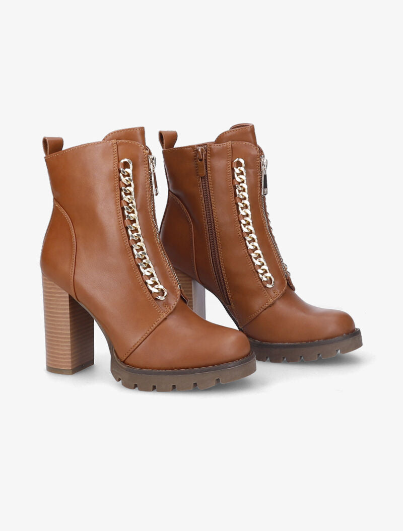 Bottines à talon haut et maillons décoratifs argentés - Camel - 4
