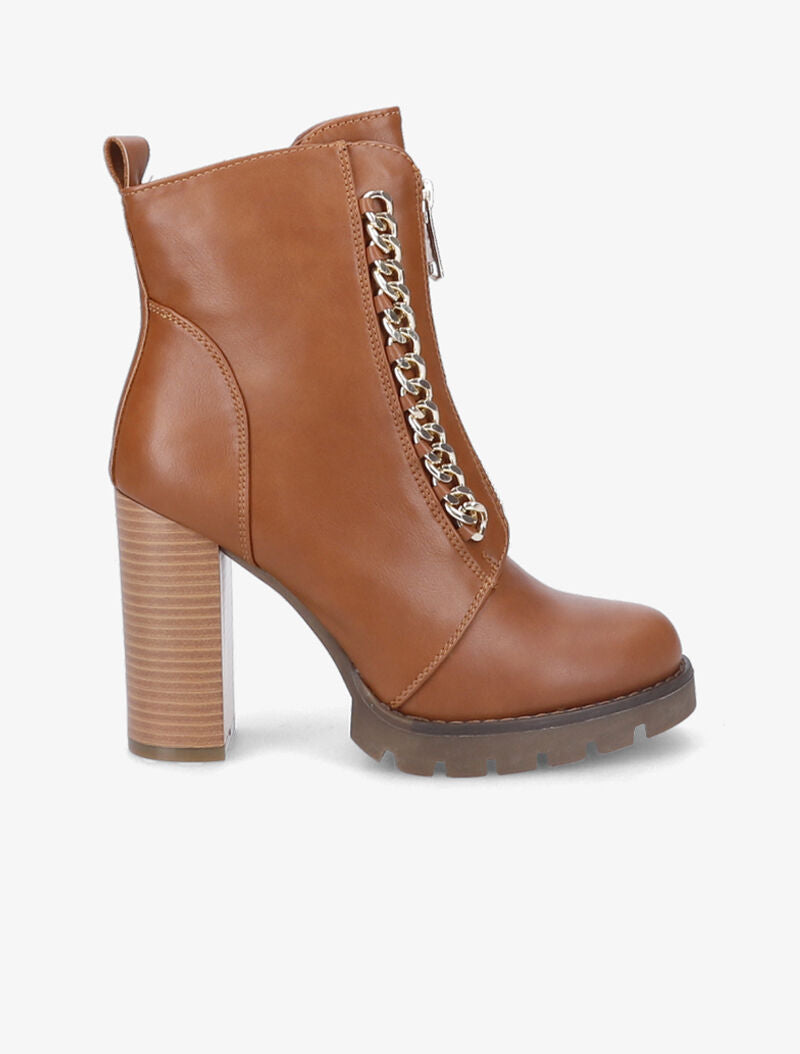Bottines à talon haut et maillons décoratifs argentés - Camel - 1