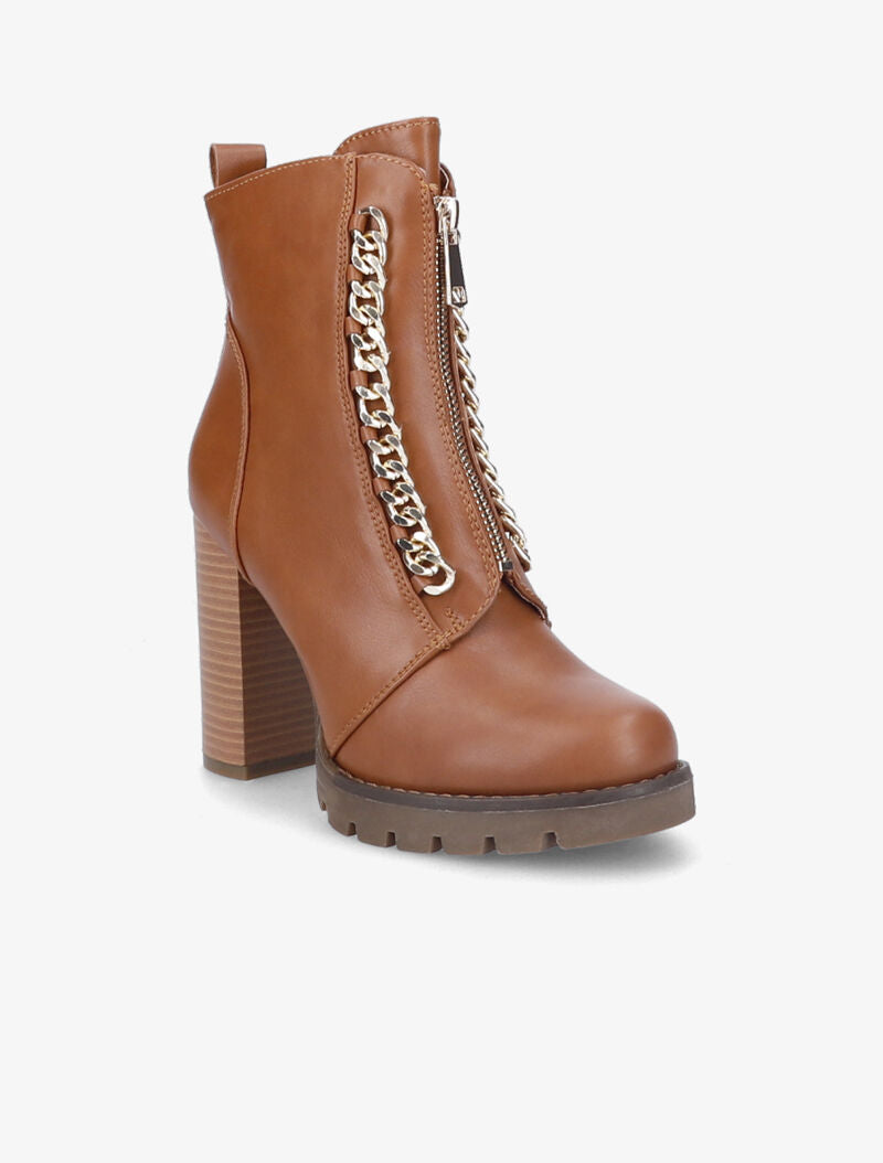 Bottines à talon haut et maillons décoratifs argentés - Camel - 2
