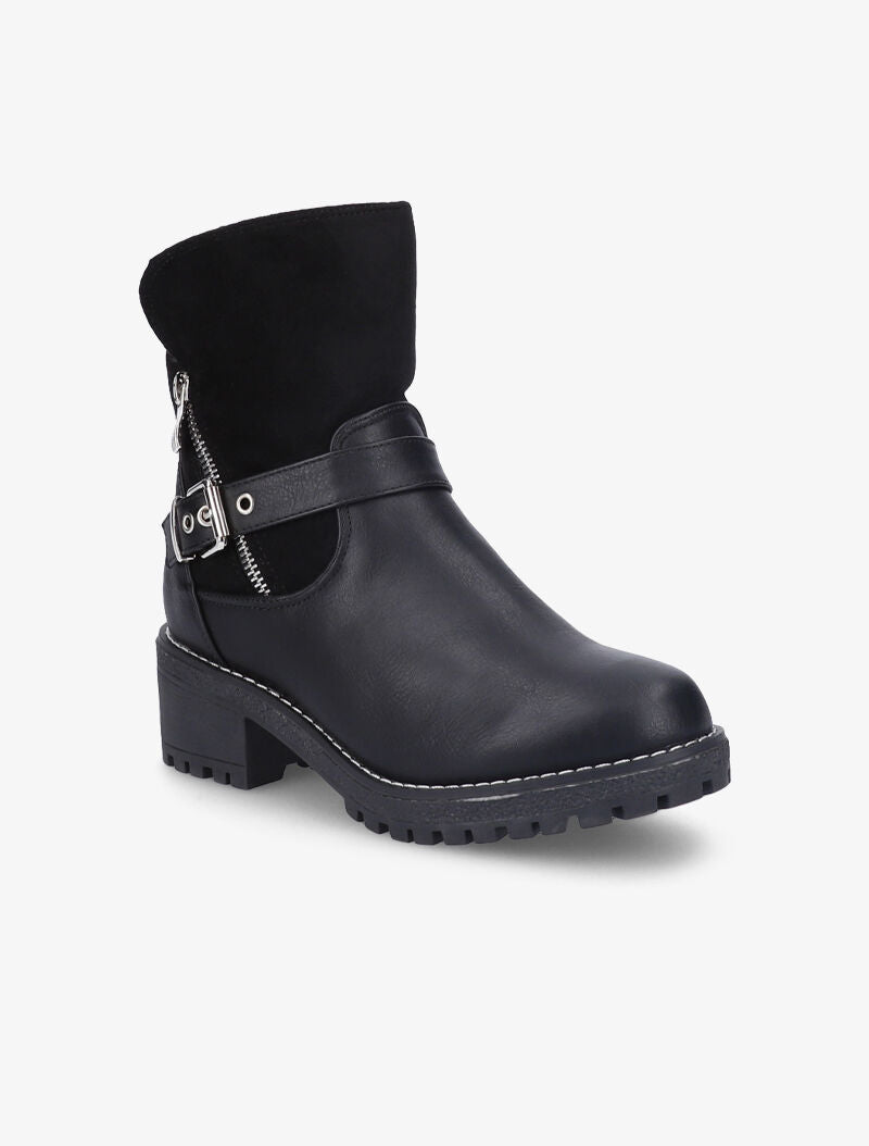 Bottines fourrées style motard bi-matière - Noir - 2