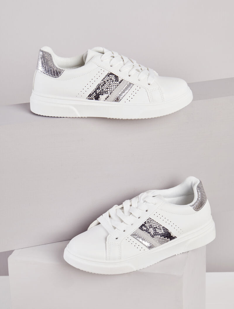 Sneakers à détails imprimés multi matière - Blanc/argent - 5
