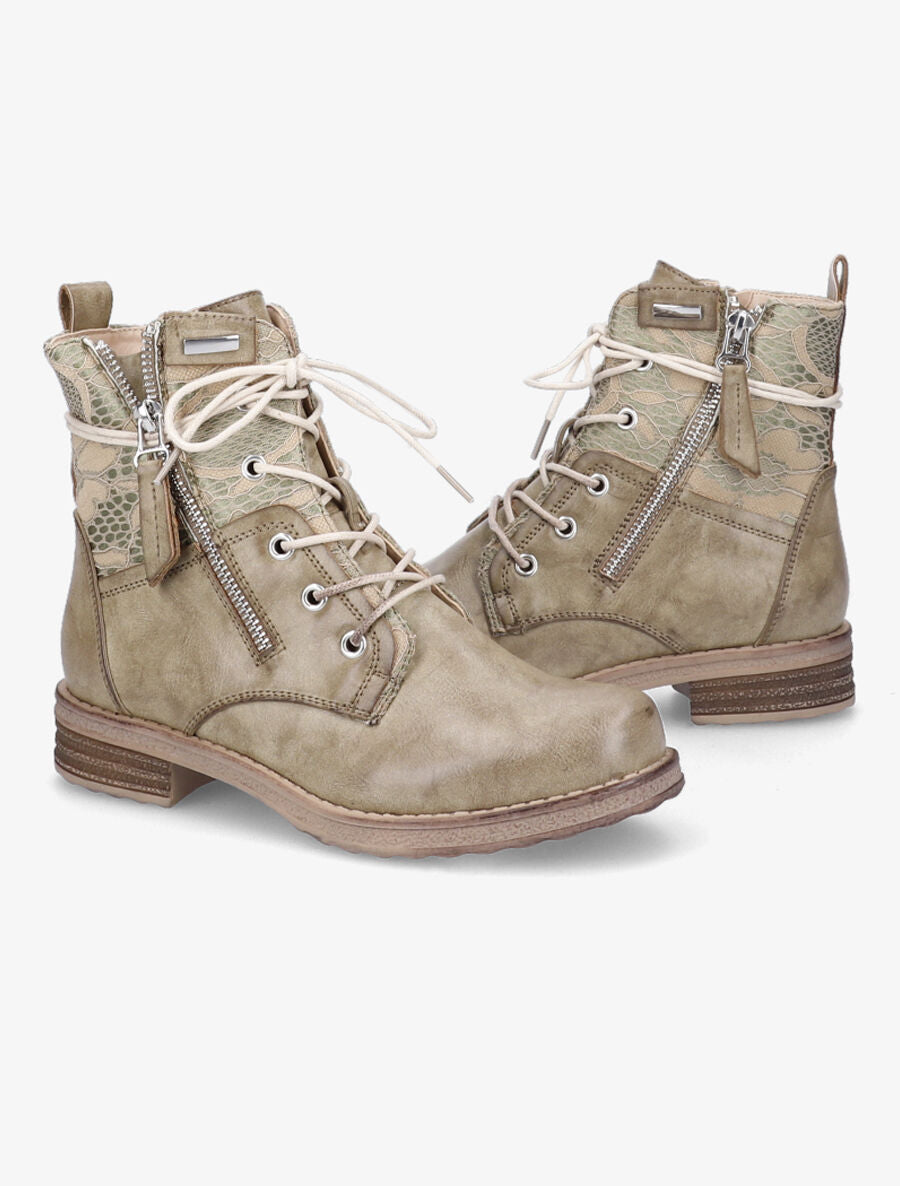 Bottines lacées à détail dentelle - Vert olive - 5
