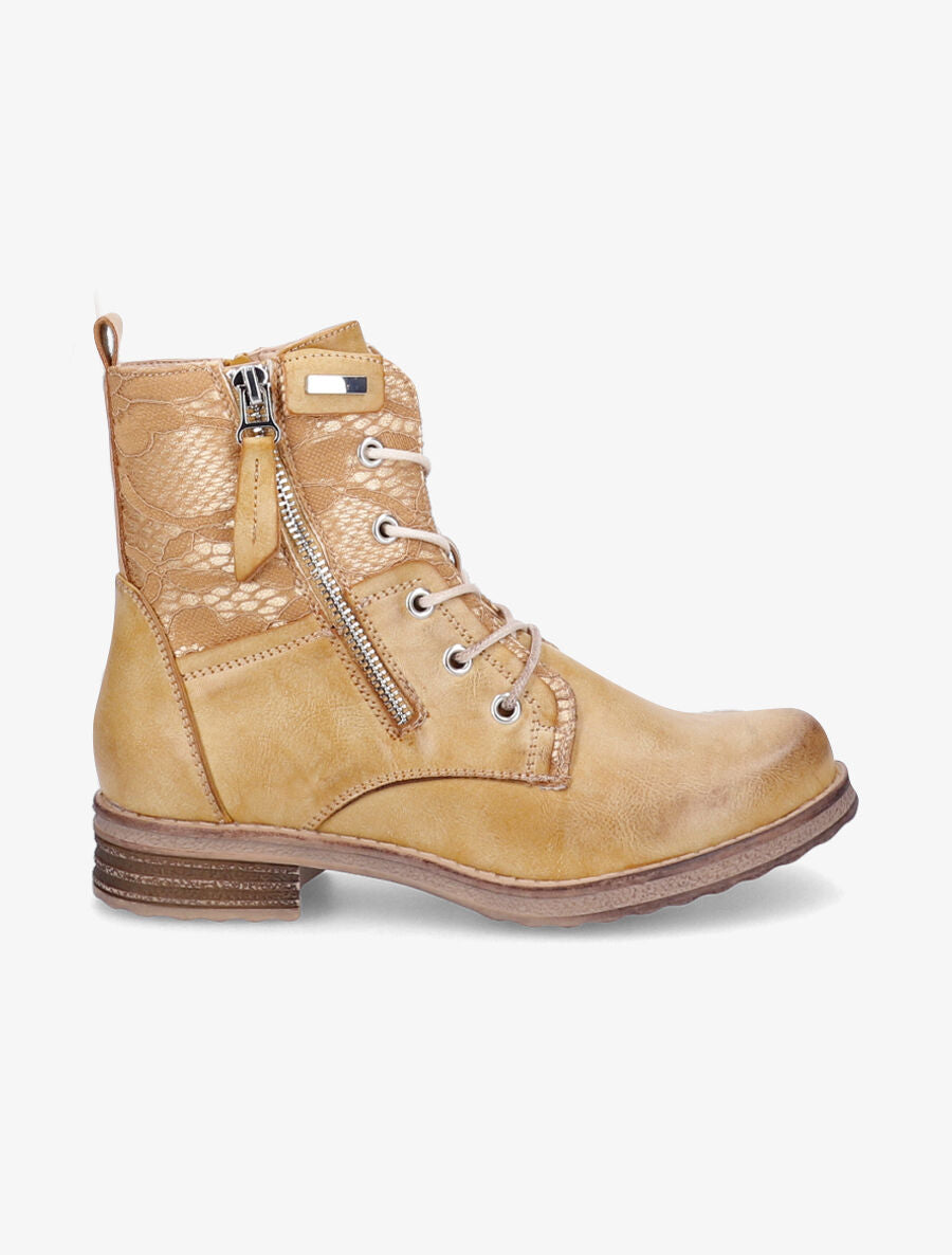 Bottines lacées à détail dentelle - Moutarde - 1
