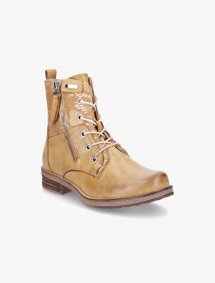 Bottines lacées à détail dentelle - Moutarde - 2