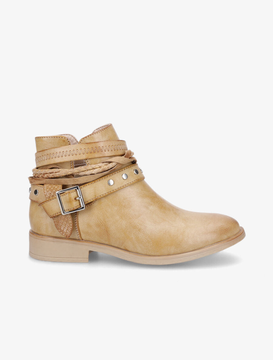 Bottines à lanières cloutées et liens - Moutarde - 5
