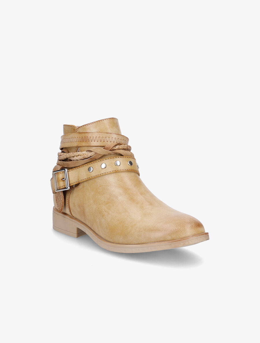 Bottines à lanières cloutées et liens - Moutarde - 2