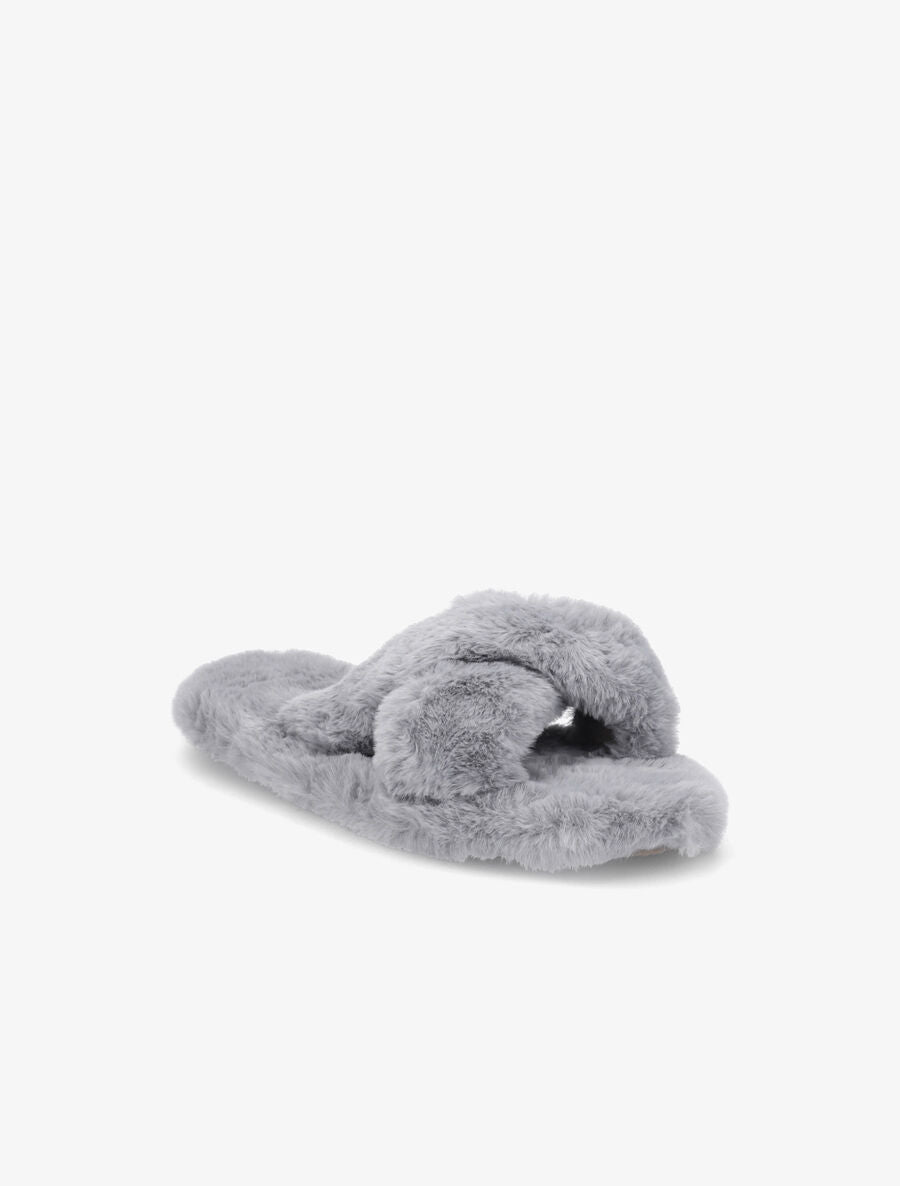 Claquettes à ganses croisées en fourrure synthétique - Gris - 2