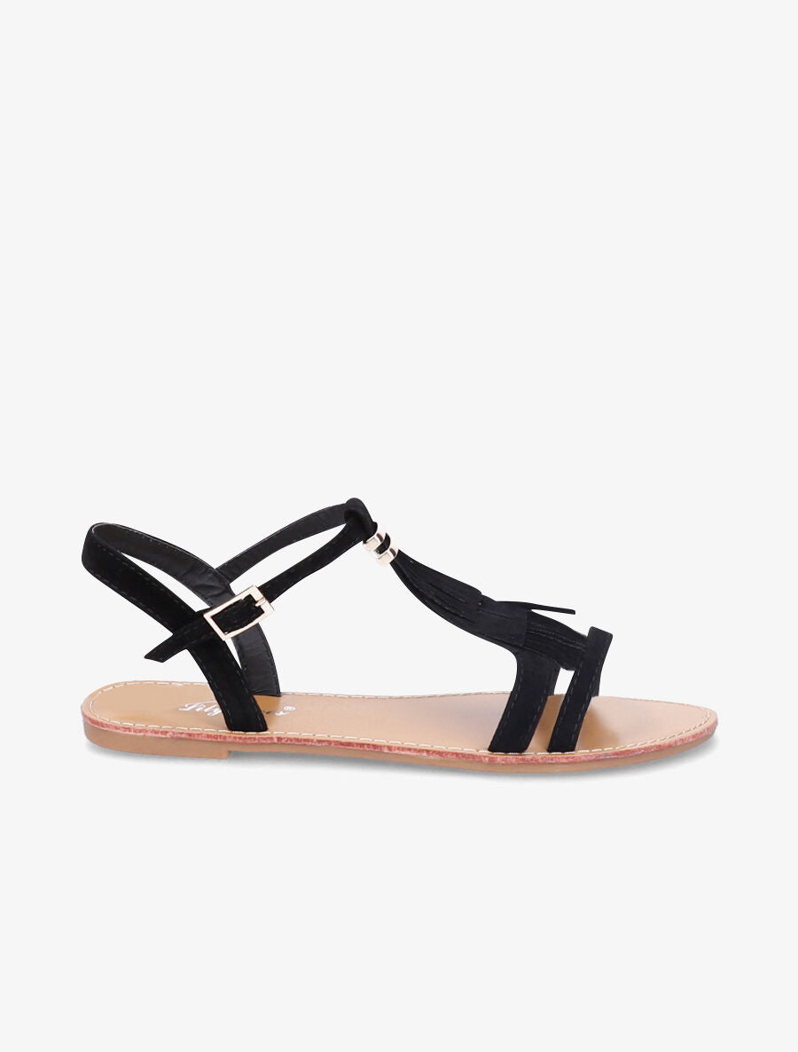 Nu-pieds frangés à boucle dorée - Noir - 3