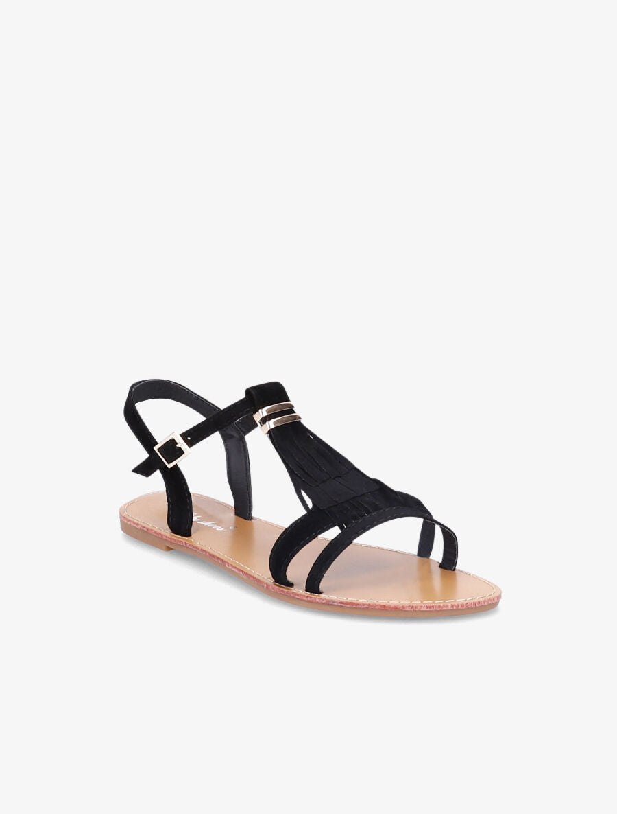 Nu-pieds frangés à boucle dorée - Noir - 2