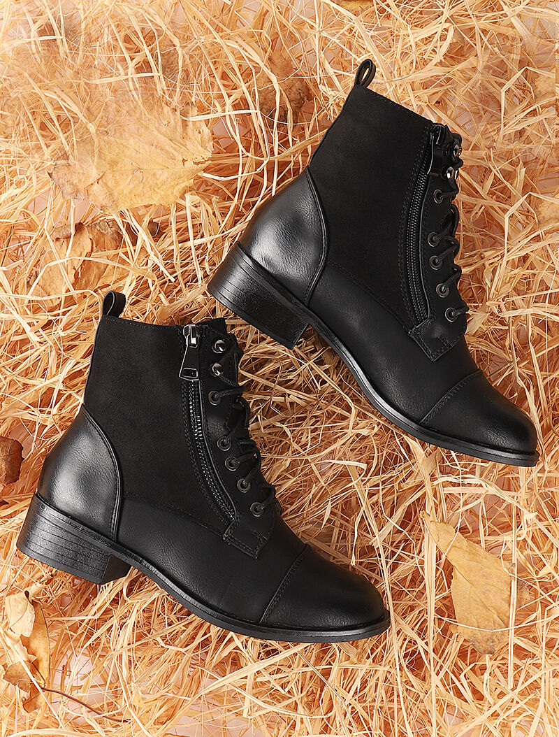Bottines lacées à zip décoratif - Noir - 5