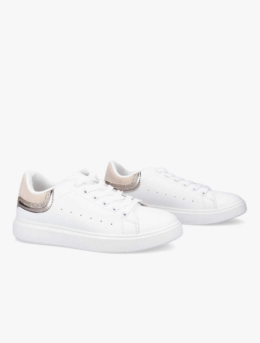 Sneakers à contrefort pailleté et suédine - Blanc/beige - 4