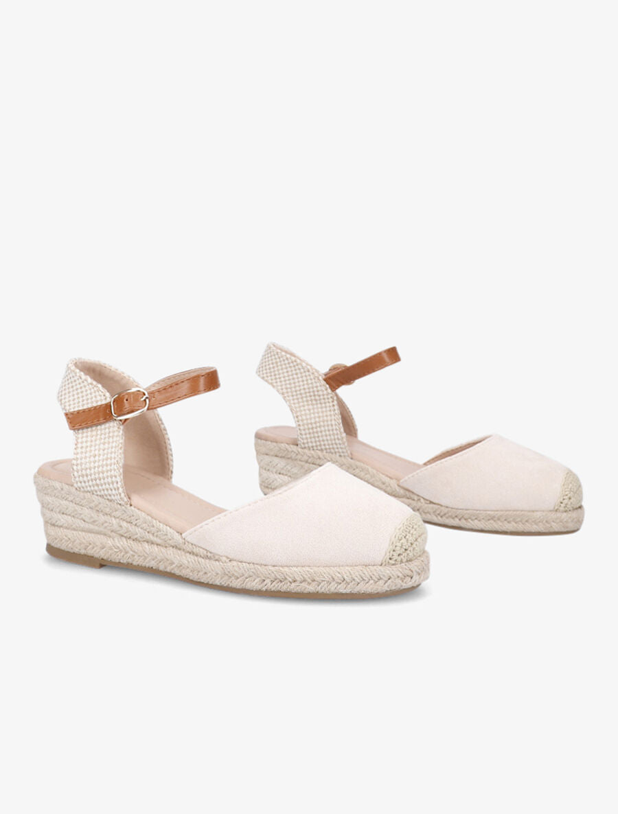Sandales compensées en suédine à bouts ronds - Beige - 4