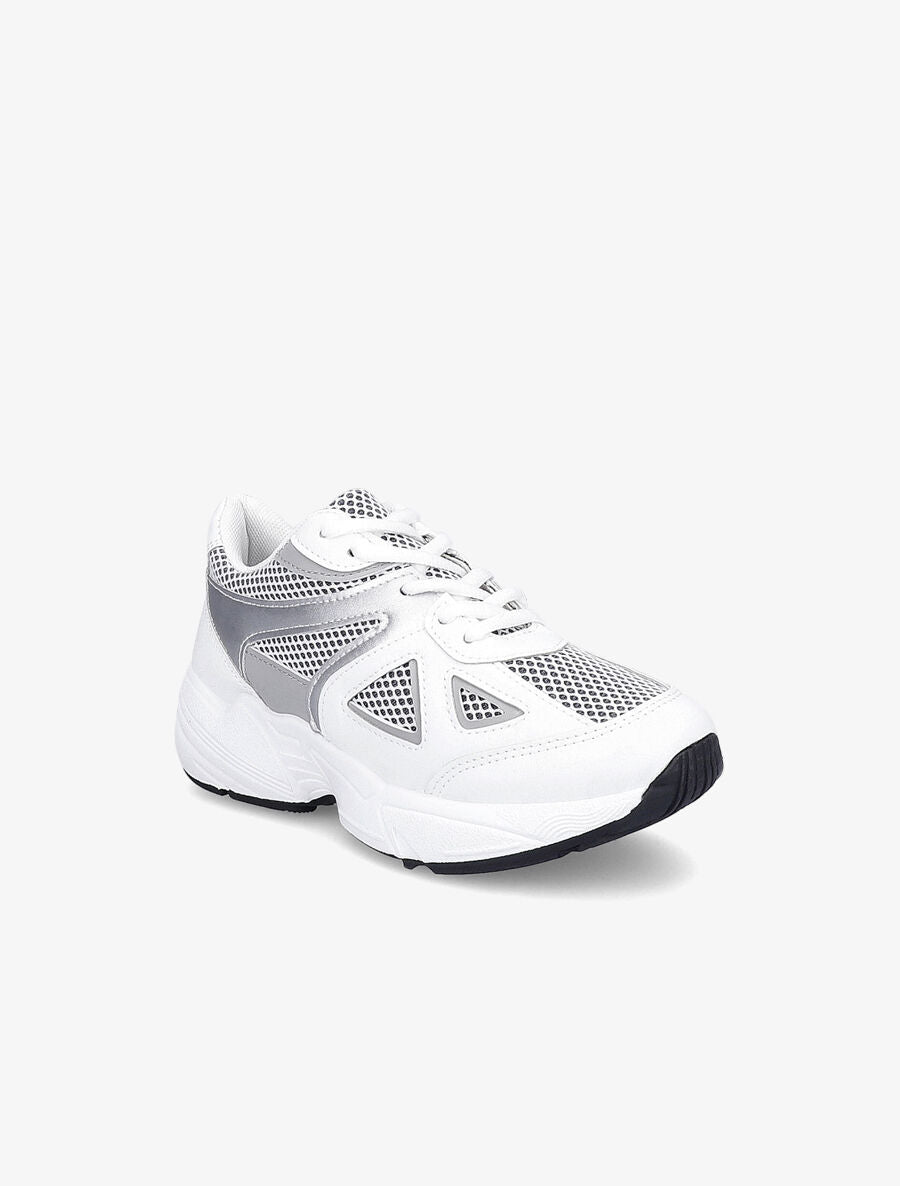 Running en simili et tissu semelles stylisées - Blanc/argent - 2