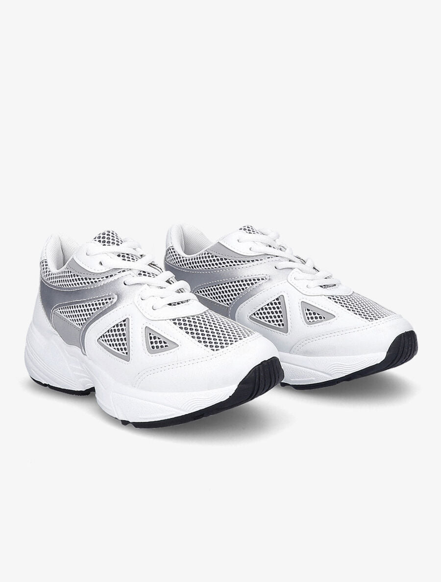 Running en simili et tissu semelles stylisées - Blanc/argent - 4