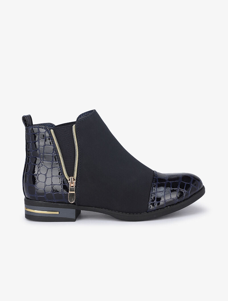 Bottines à contreforts et bouts effet croco vernis - Marine - 2