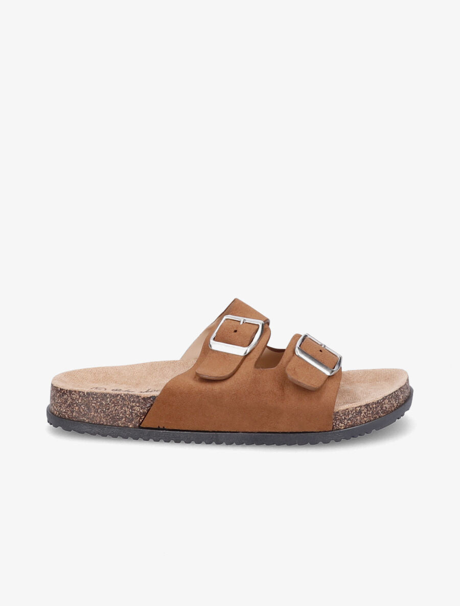 Claquettes en suédine à double brides à boucle - Camel - 5