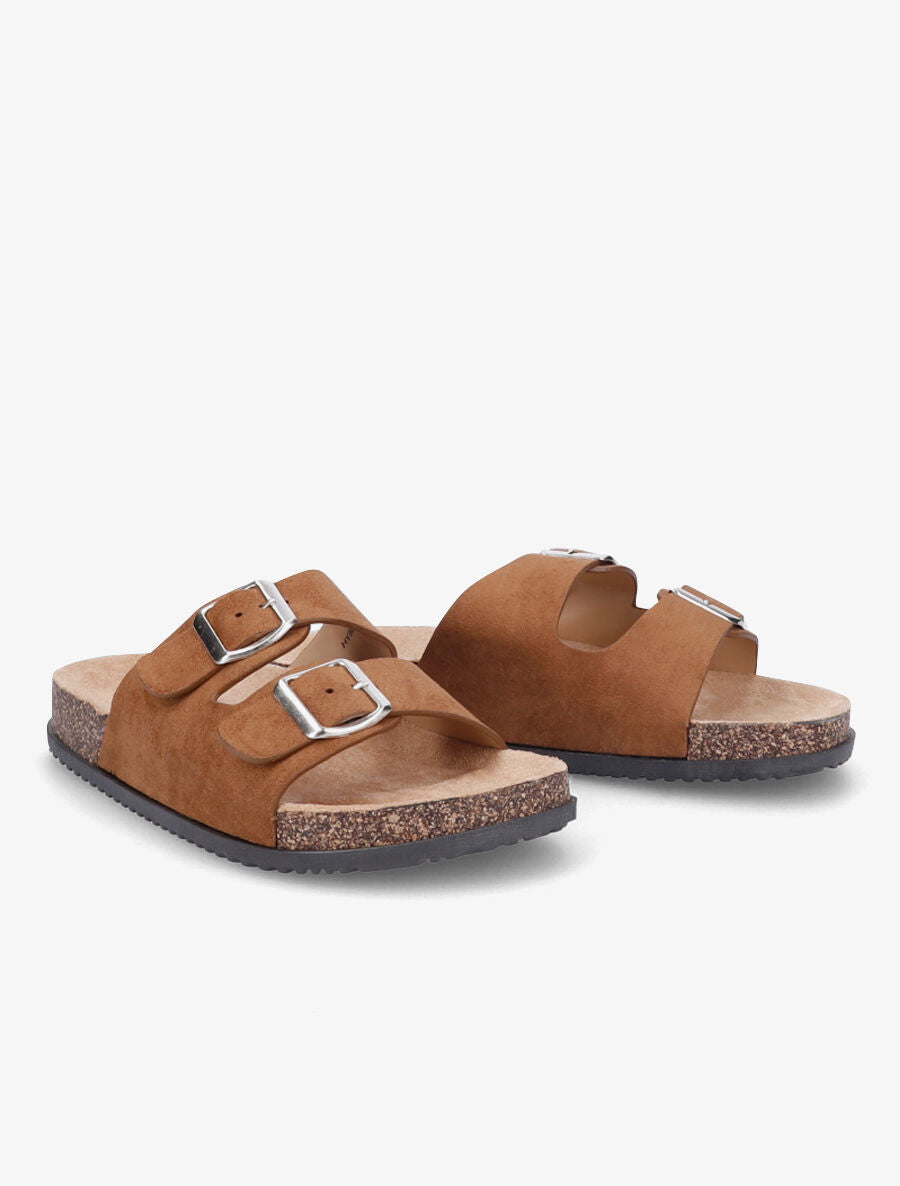 Claquettes en suédine à double brides à boucle - Camel - 4