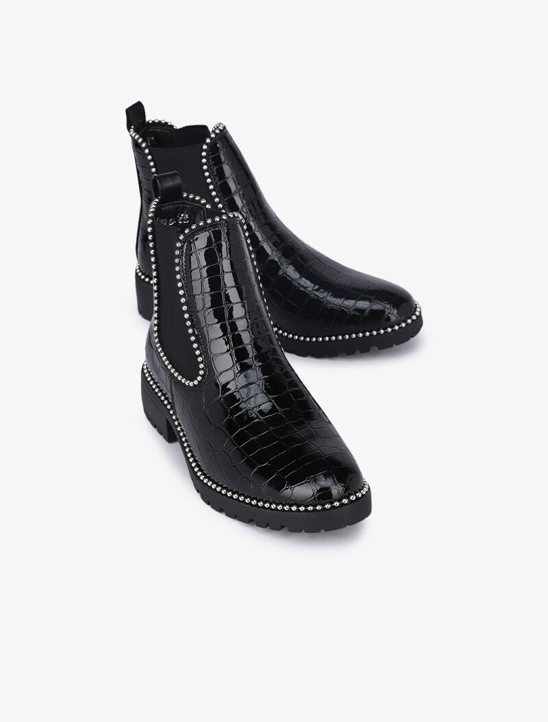 Boots effet croco vernis et détail billes argentées - Noir/argent - 4