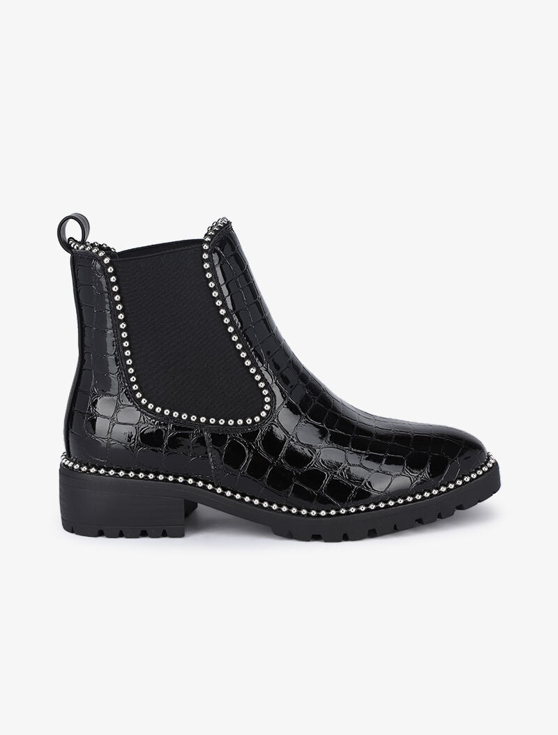 Boots effet croco vernis et détail billes argentées - Noir/argent - 5