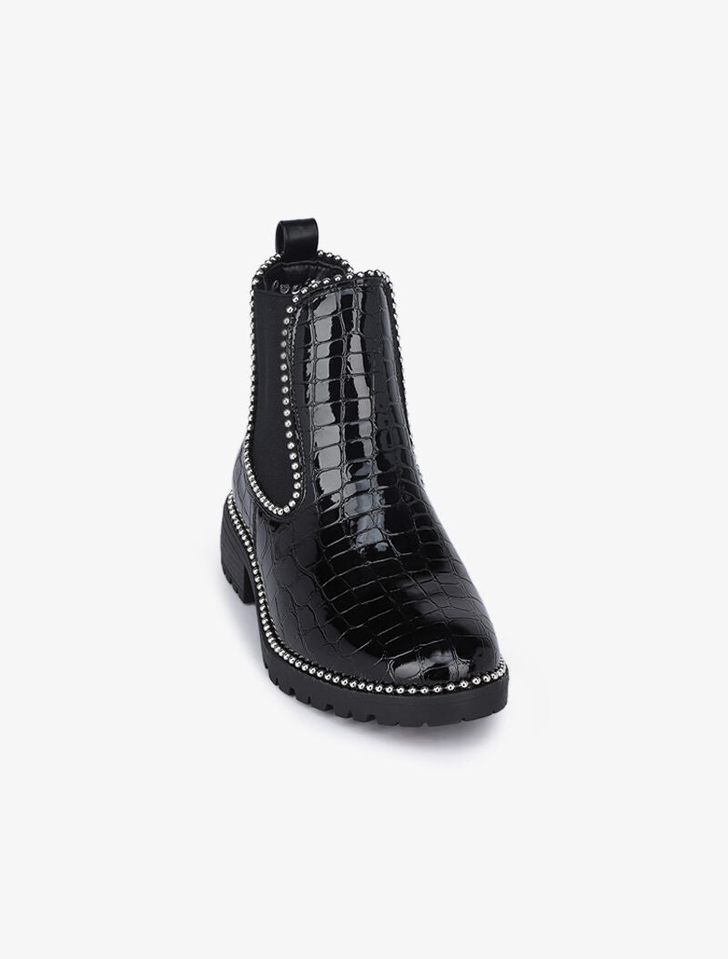 Boots effet croco vernis et détail billes argentées - Noir/argent - 2