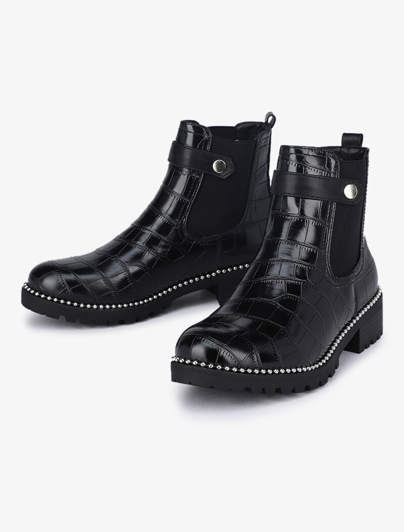 Bottines effet croco à détail billes - Noir - 5