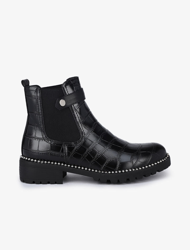 Bottines effet croco à détail billes - Noir - 2