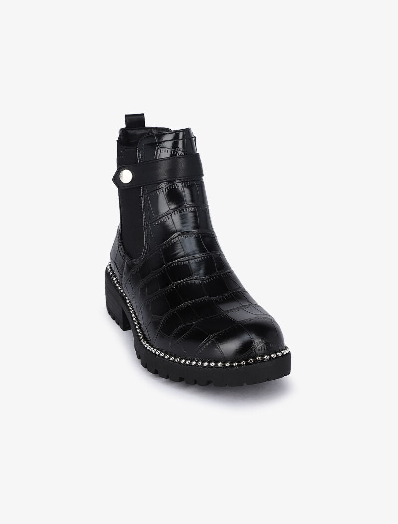 Bottines effet croco à détail billes - Noir - 3
