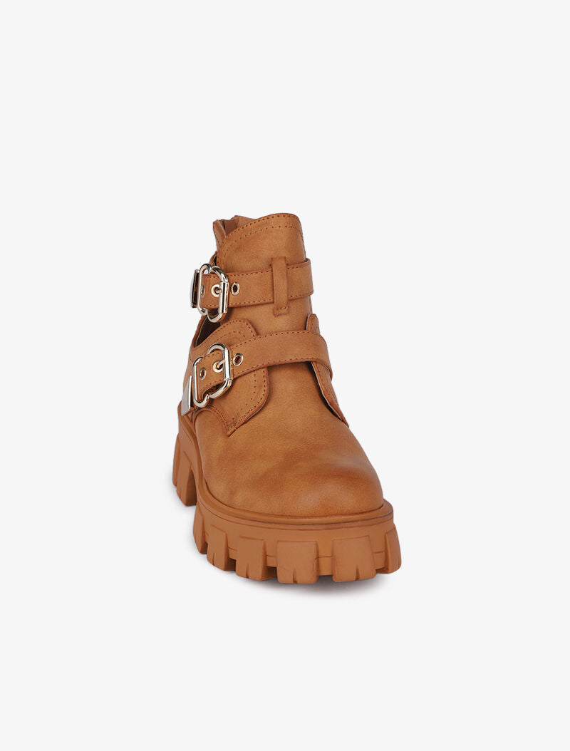Boots à double sangles à boucles dorées - Camel - 3