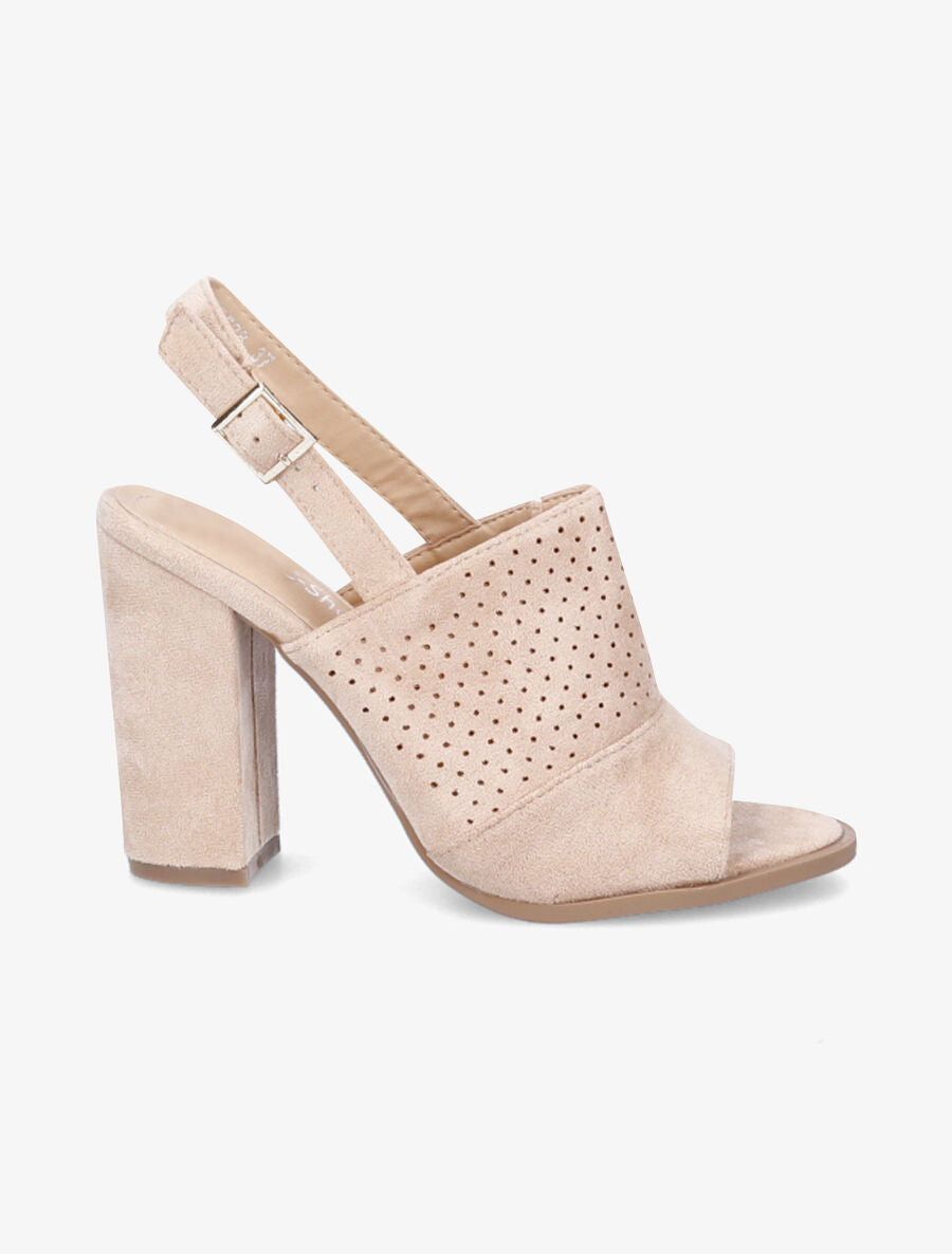 Sandales à talon en suédine perforée - Beige - 5