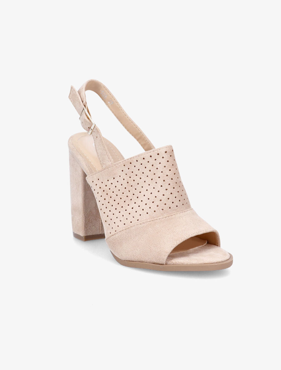 Sandales à talon en suédine perforée - Beige - 2