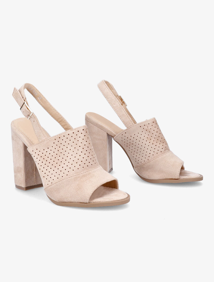 Sandales à talon en suédine perforée - Beige - 4