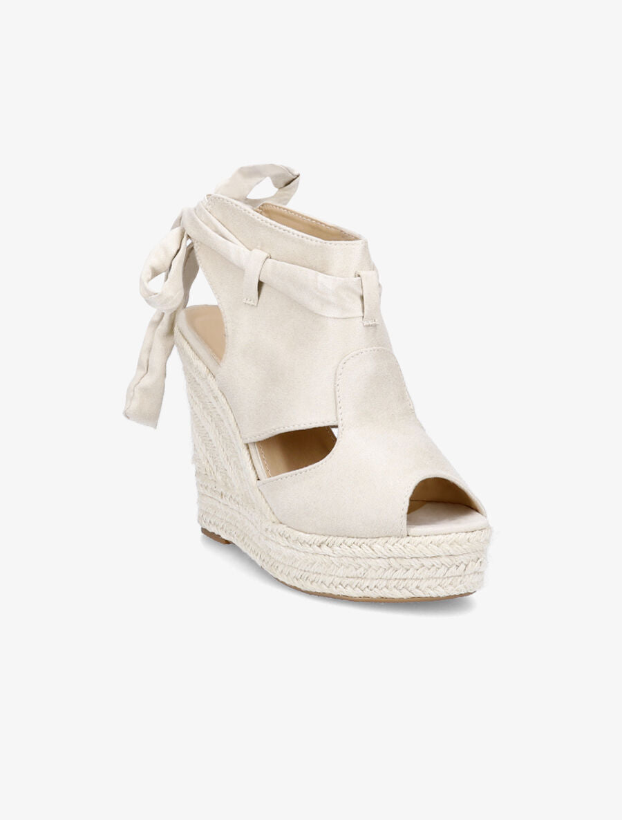 Sandales compensées en suédine à liens - Beige - 2