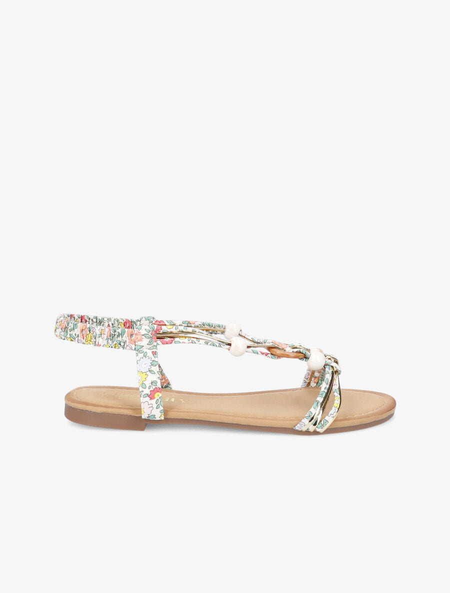Nu-pieds à perles imprimé fleuri - Écru - 3