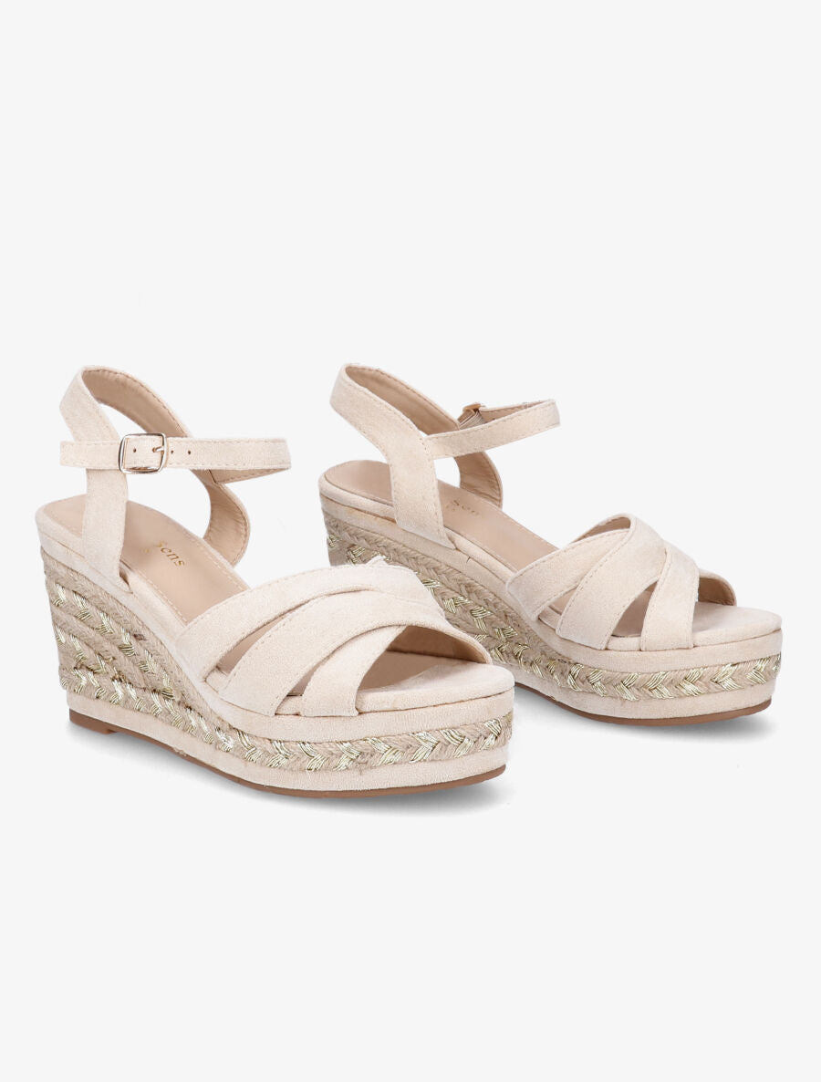 Sandales à talon compensé en raphia irisé - Beige - 4