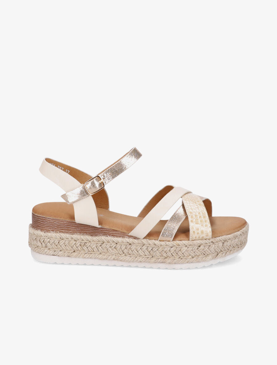 Sandales irisées à talon compensé en raphia - Beige - 1