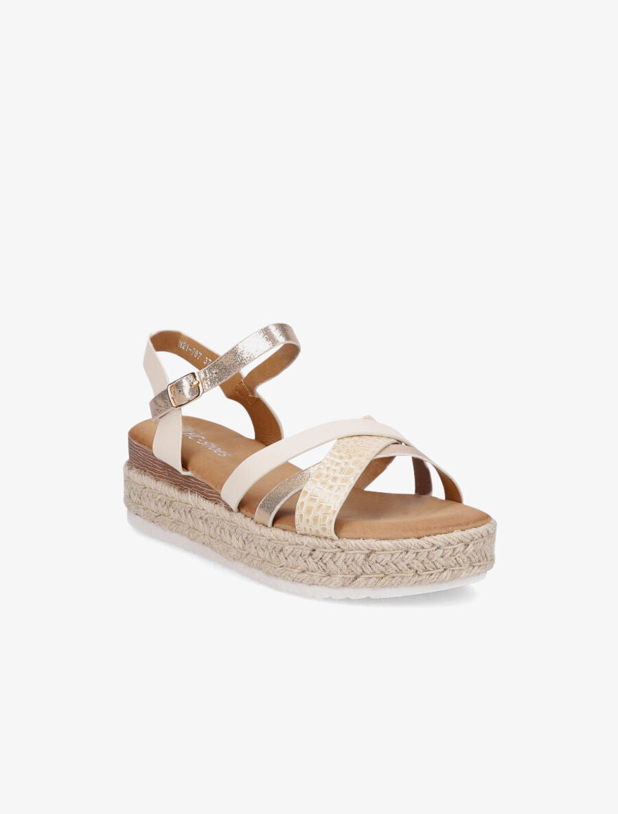 Sandales irisées à talon compensé en raphia - Beige - 2