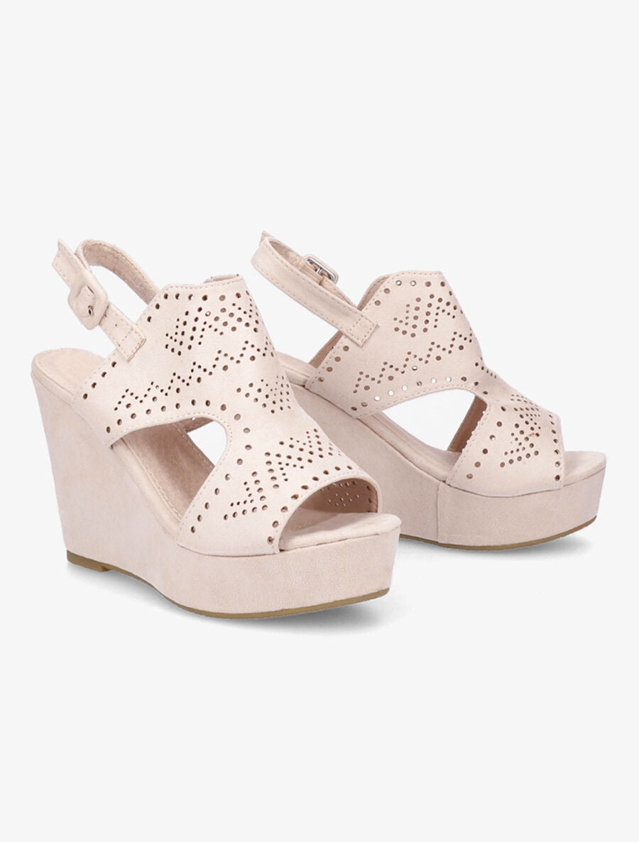 Sandales compensées à ganse perforée - Beige - 4