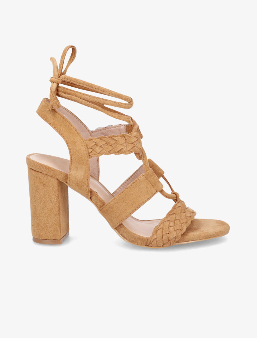 Sandales en suédine à talons et lacets - Camel - 1