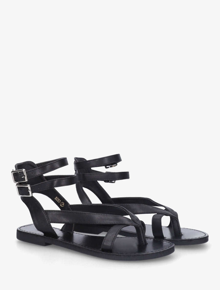 Nu-pieds uni en simili à double boucles - Noir - 4