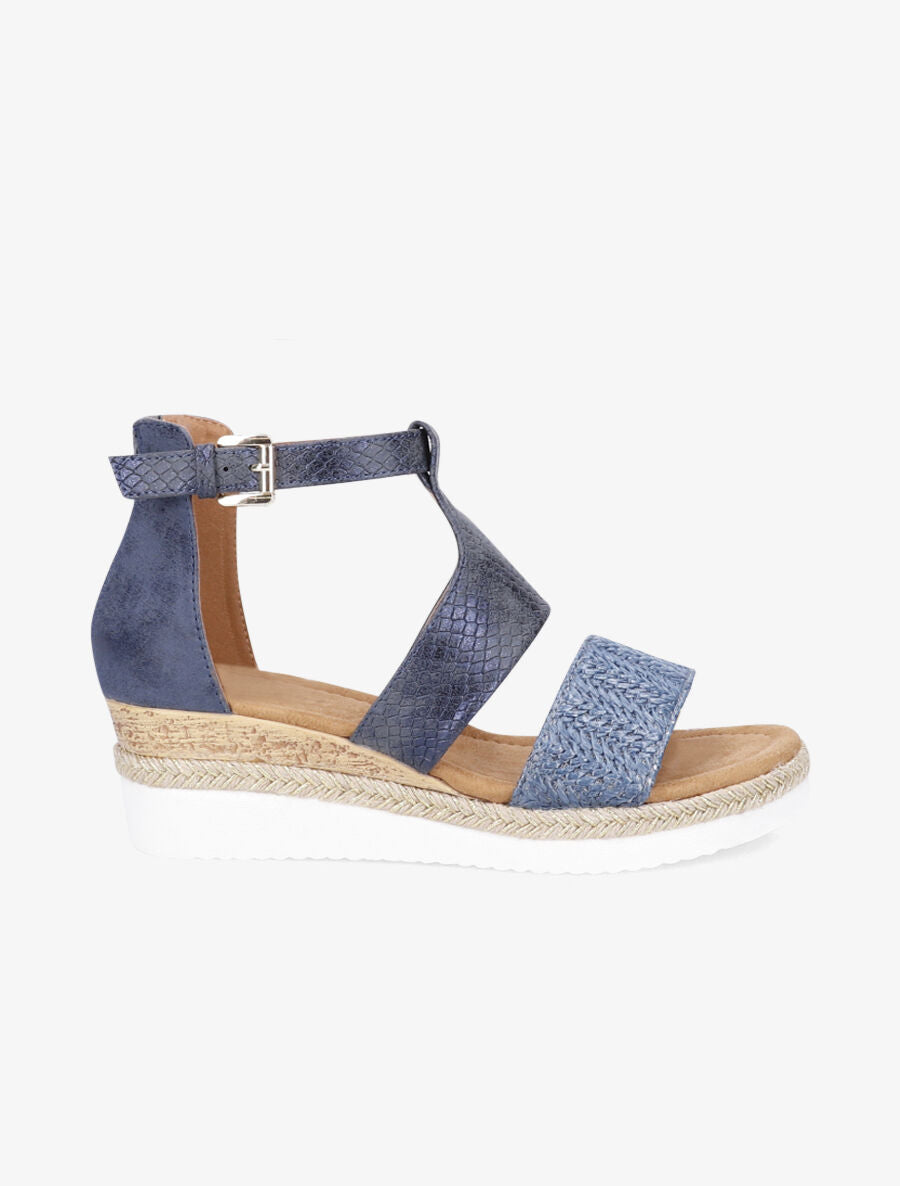 Sandales compensées à bride en raphia - Bleu - 5